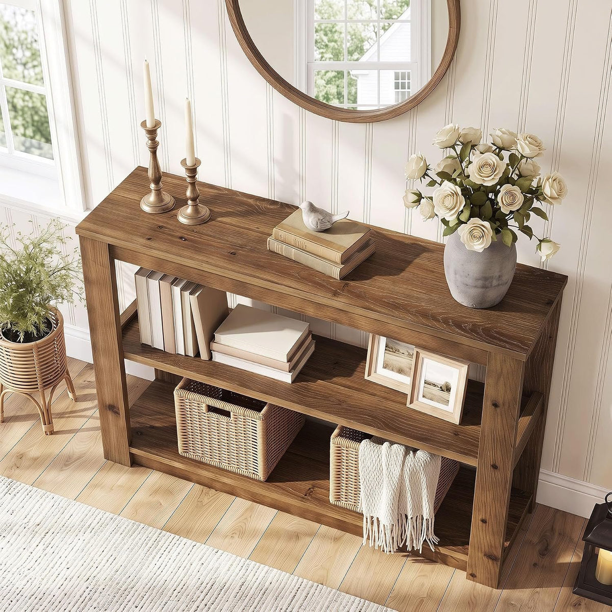 Console en bois massif, Petite table d'entrée de 105 cm avec rangement Table rectangulaire pour derrière le canapé