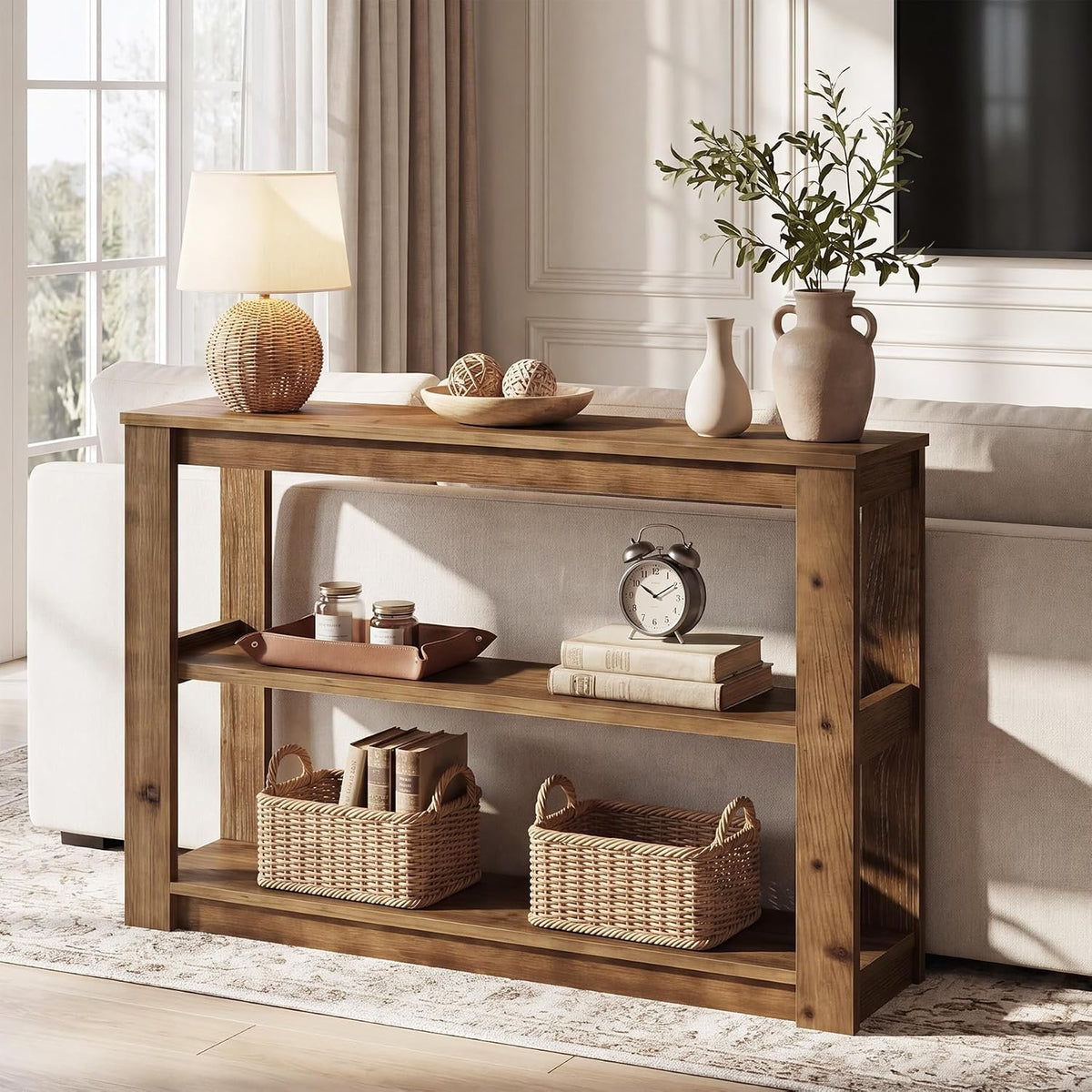 Console en bois massif, Petite table d'entrée de 105 cm avec rangement Table rectangulaire pour derrière le canapé