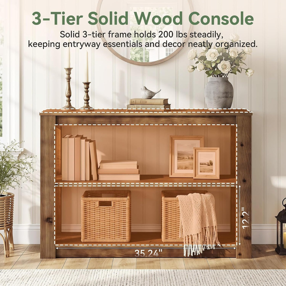 Console en bois massif, Petite table d'entrée de 105 cm avec rangement Table rectangulaire pour derrière le canapé