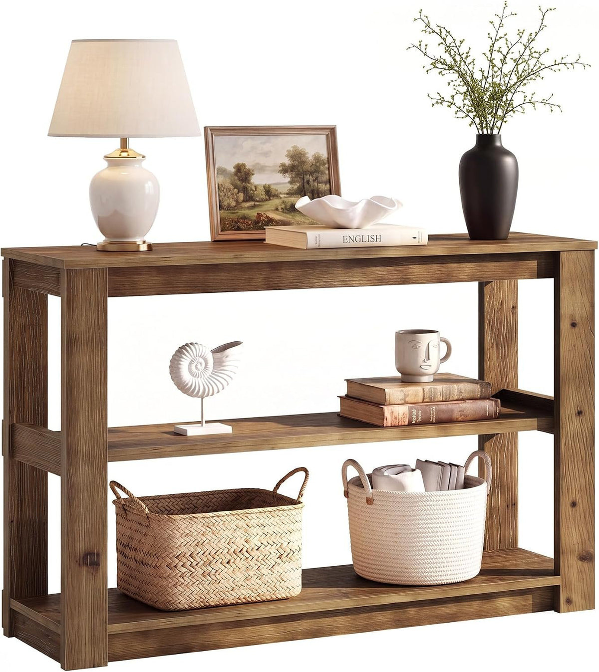 Console en bois massif, Petite table d'entrée de 105 cm avec rangement Table rectangulaire pour derrière le canapé