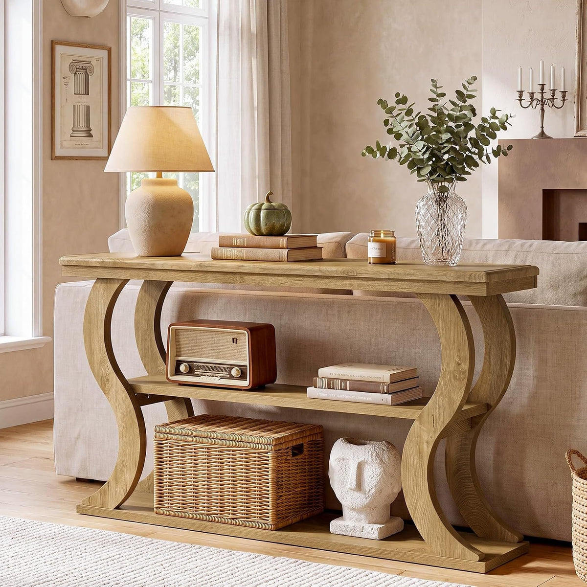 Tribesigns Table console 140 cm, 3 étagères, modèle étroit pour derrière le canapé, Style champêtre moderne, idéale pour le salon, le couloir et l'entrée