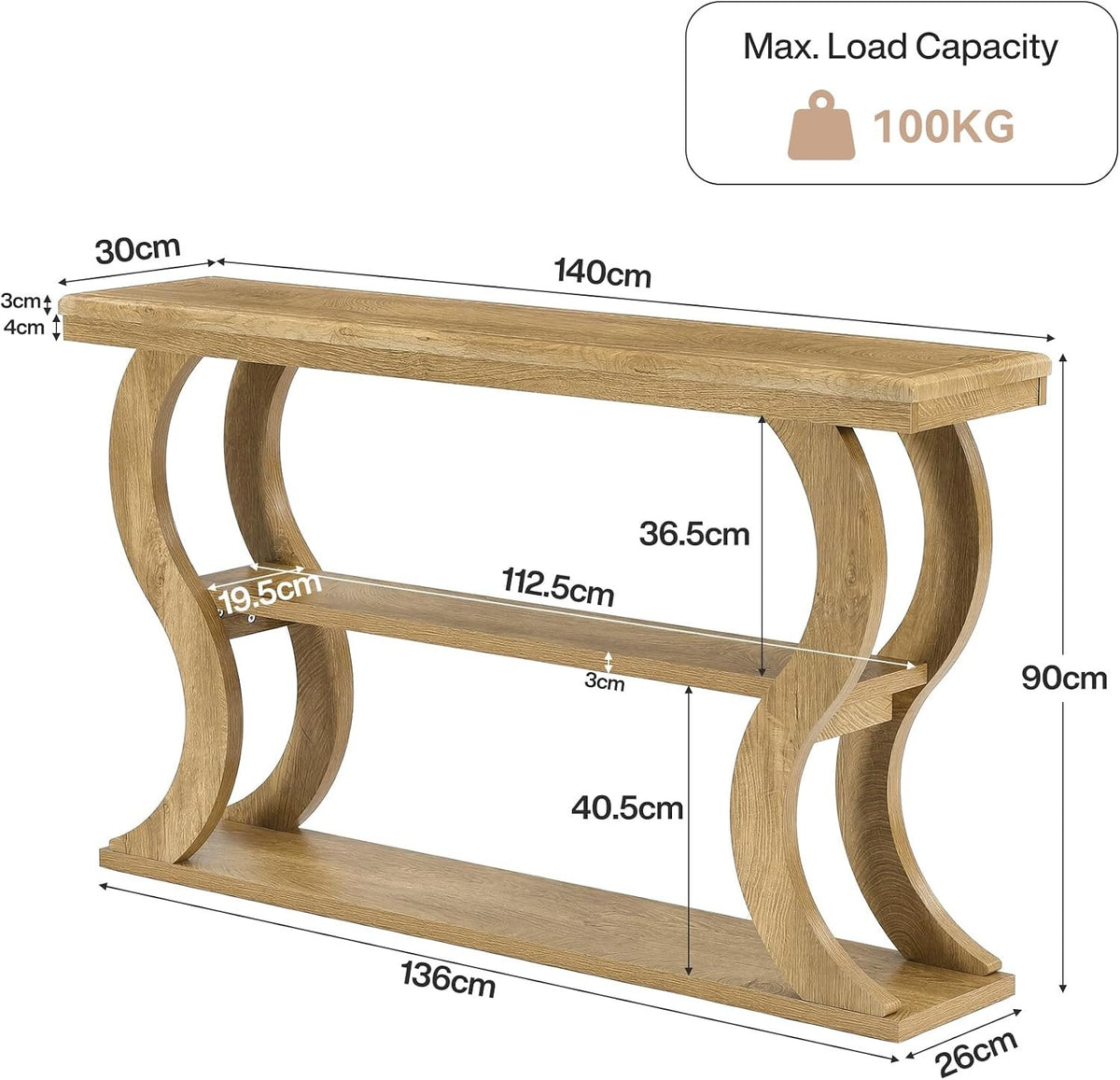 Tribesigns Table console 140 cm, 3 étagères, modèle étroit pour derrière le canapé, Style champêtre moderne, idéale pour le salon, le couloir et l'entrée