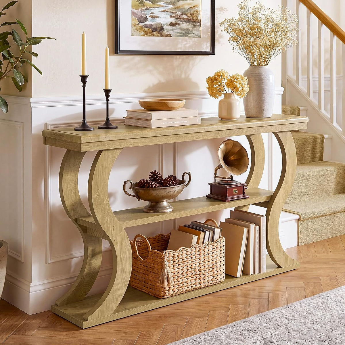 Tribesigns Table console 140 cm, 3 étagères, modèle étroit pour derrière le canapé, Style champêtre moderne, idéale pour le salon, le couloir et l'entrée