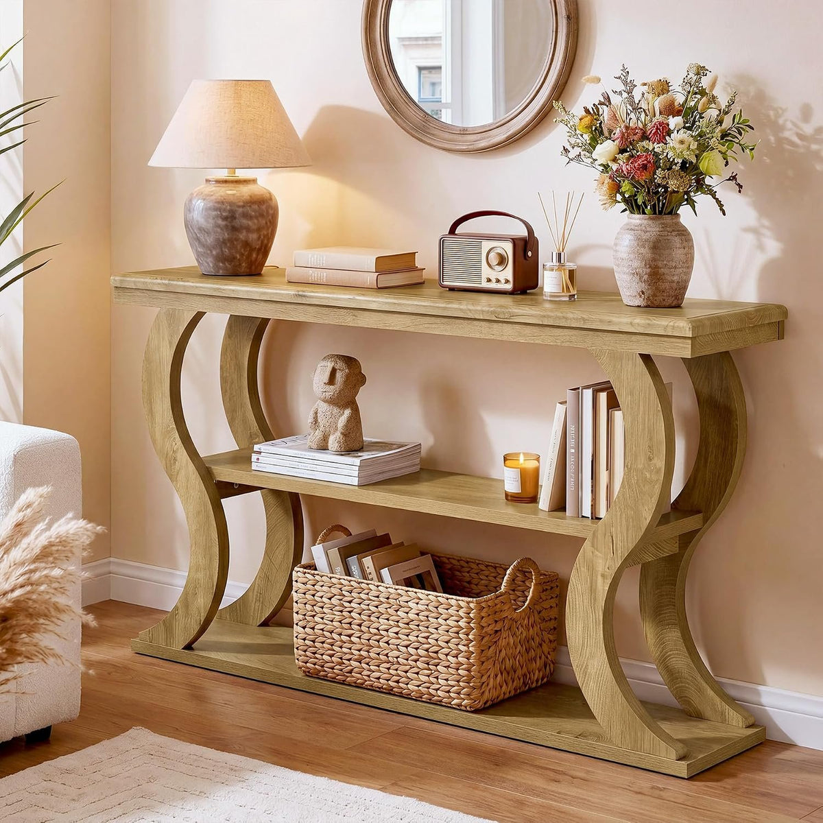 Tribesigns Table console 140 cm, 3 étagères, modèle étroit pour derrière le canapé, Style champêtre moderne, idéale pour le salon, le couloir et l'entrée