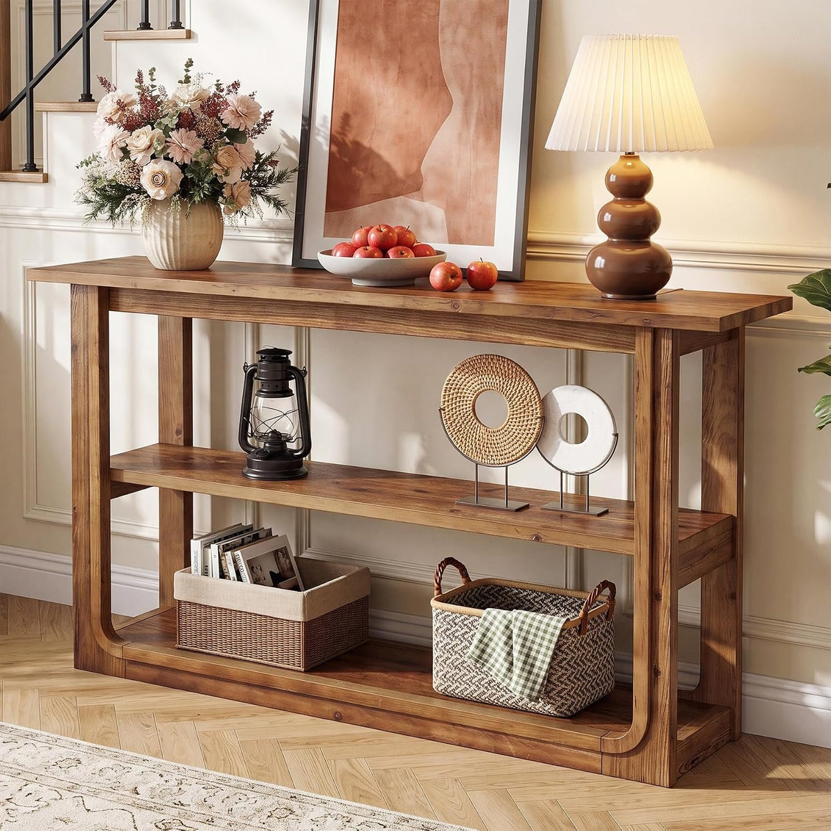 Tribesigns Console à 3 niveaux, Table d'appoint étroite en bois massif pour couloir Table de canapé rustique couleur chêne avec étagères ouvertes pour salon, hall et entrée