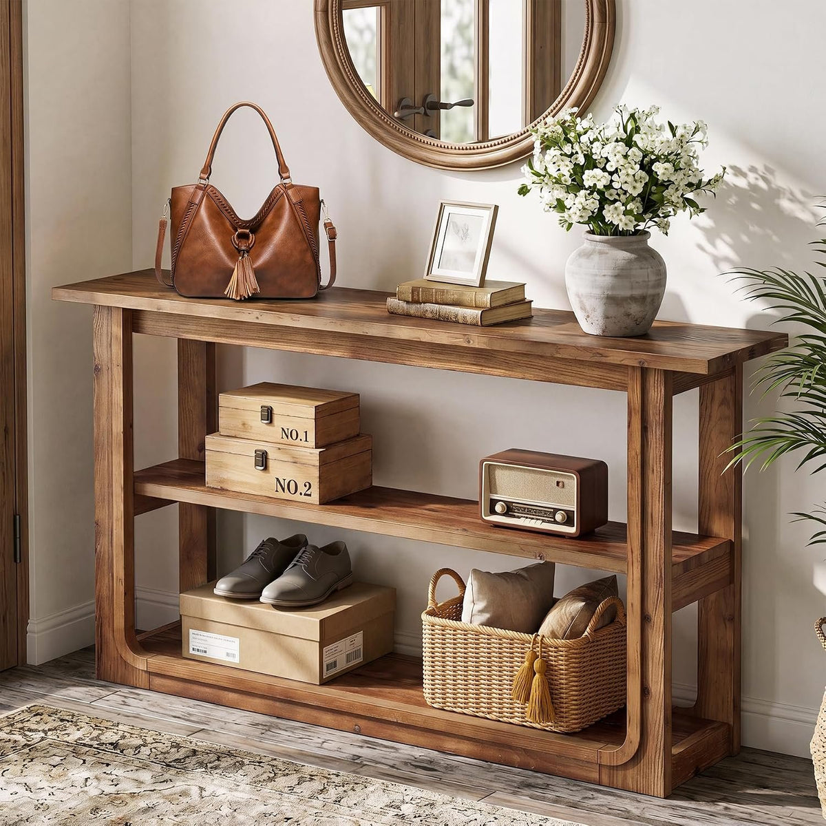 Tribesigns Console à 3 niveaux, Table d'appoint étroite en bois massif pour couloir Table de canapé rustique couleur chêne avec étagères ouvertes pour salon, hall et entrée