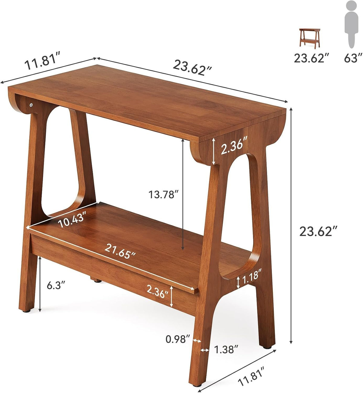 Table d'appoint en bois massif à 2 niveaux Table de chevet élancée en bois d'hévéa pour salon, chambre ou entrée
