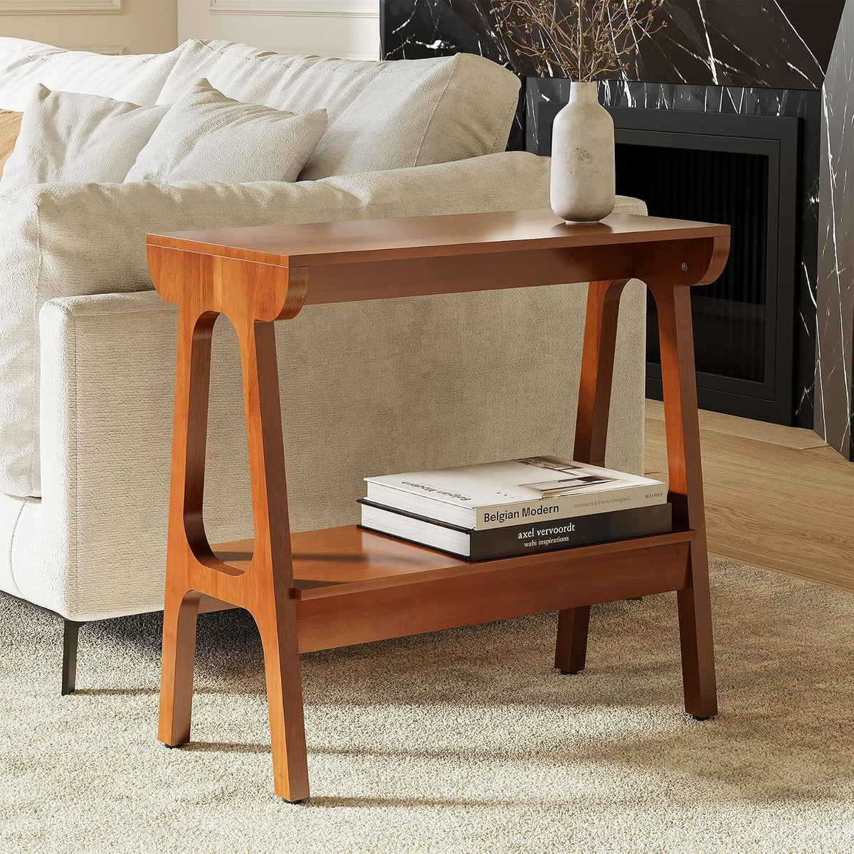 Table d'appoint en bois massif à 2 niveaux Table de chevet élancée en bois d'hévéa pour salon, chambre ou entrée