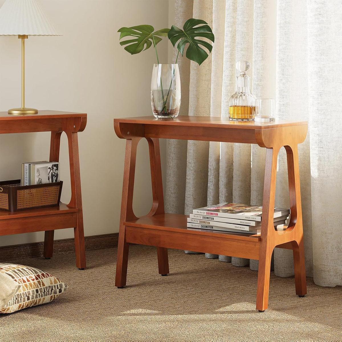 Table d'appoint en bois massif à 2 niveaux Table de chevet élancée en bois d'hévéa pour salon, chambre ou entrée