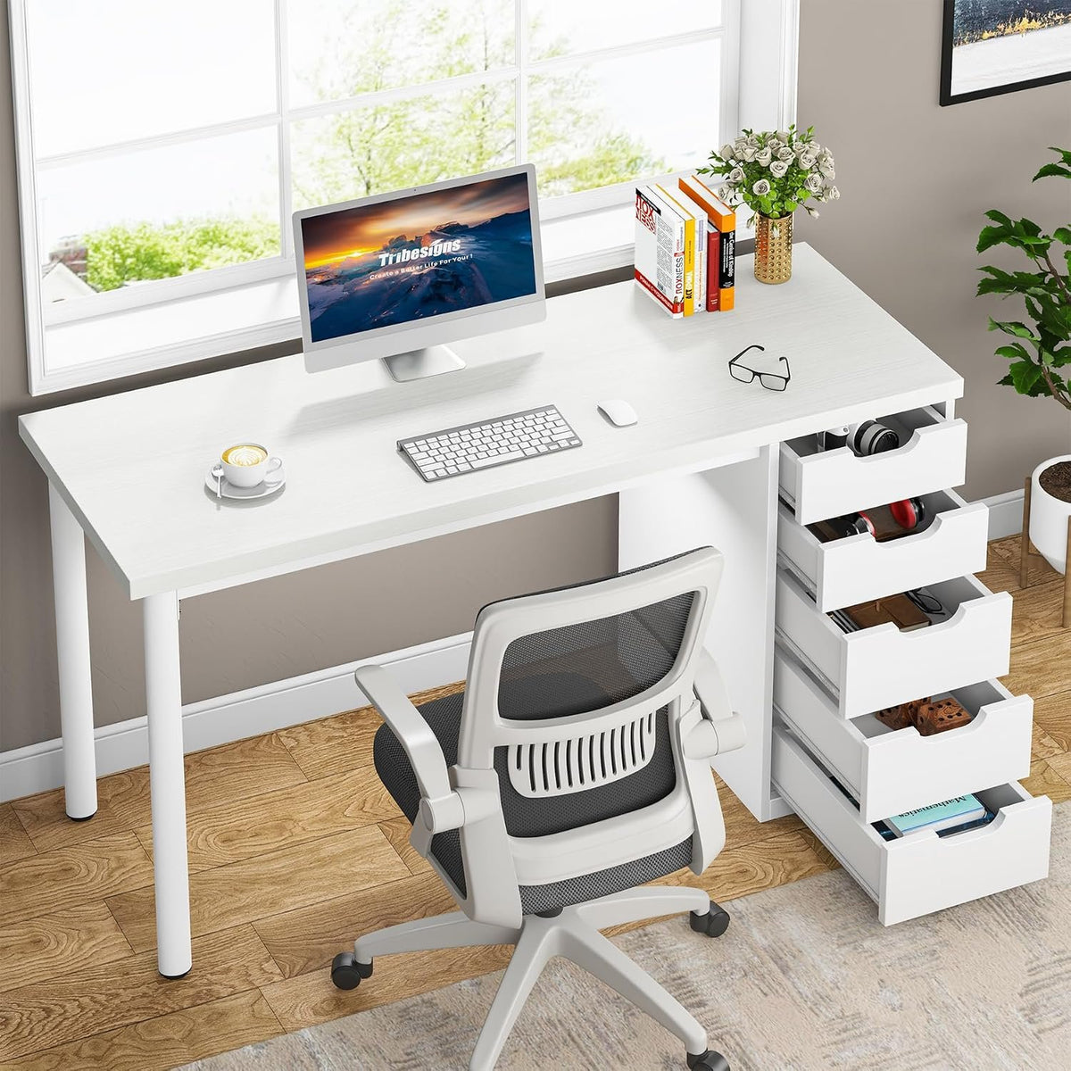 Tribesigns Bureau 120 cm avec 5 tiroirs Bureau d'ordinateur compact avec espaces de rangement