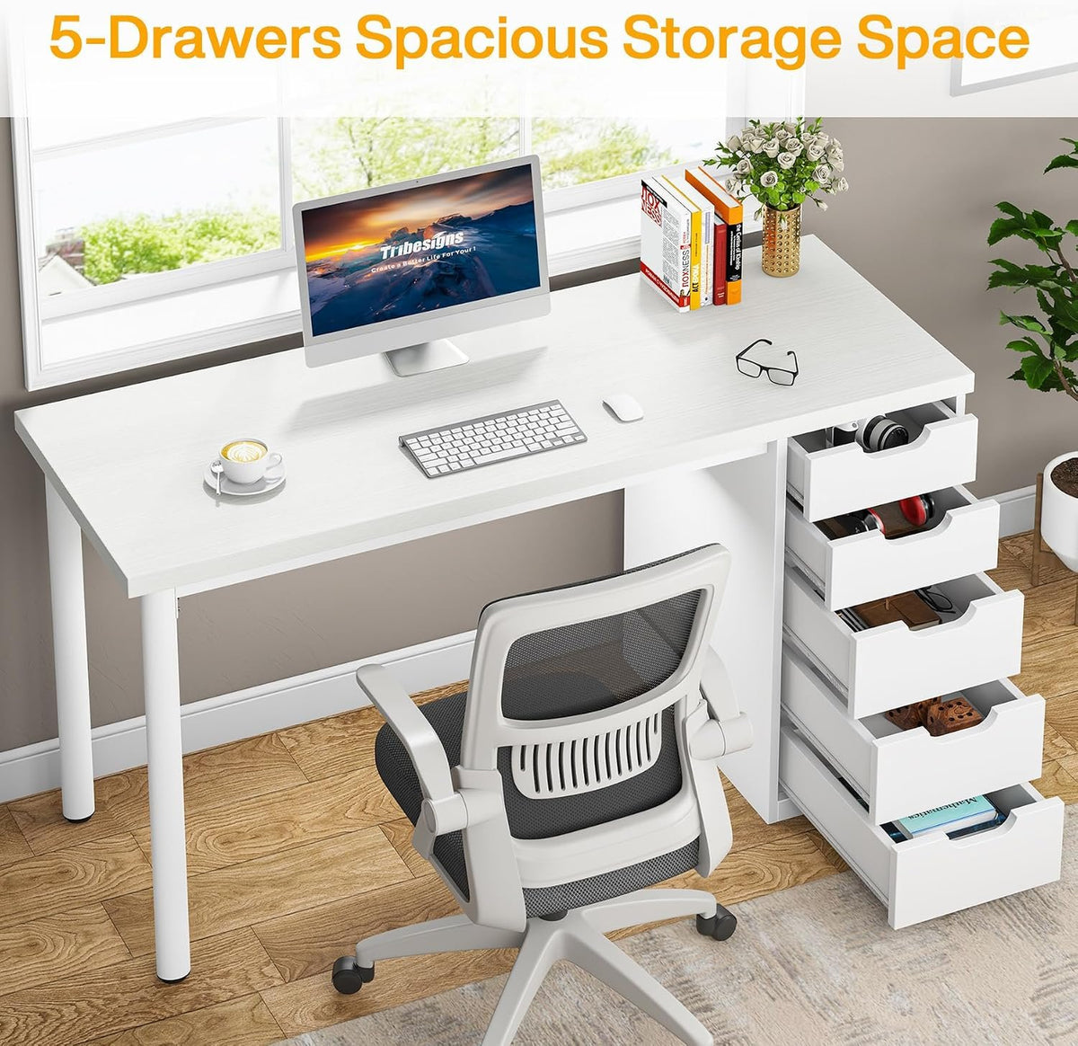 Tribesigns Bureau 120 cm avec 5 tiroirs Bureau d'ordinateur compact avec espaces de rangement