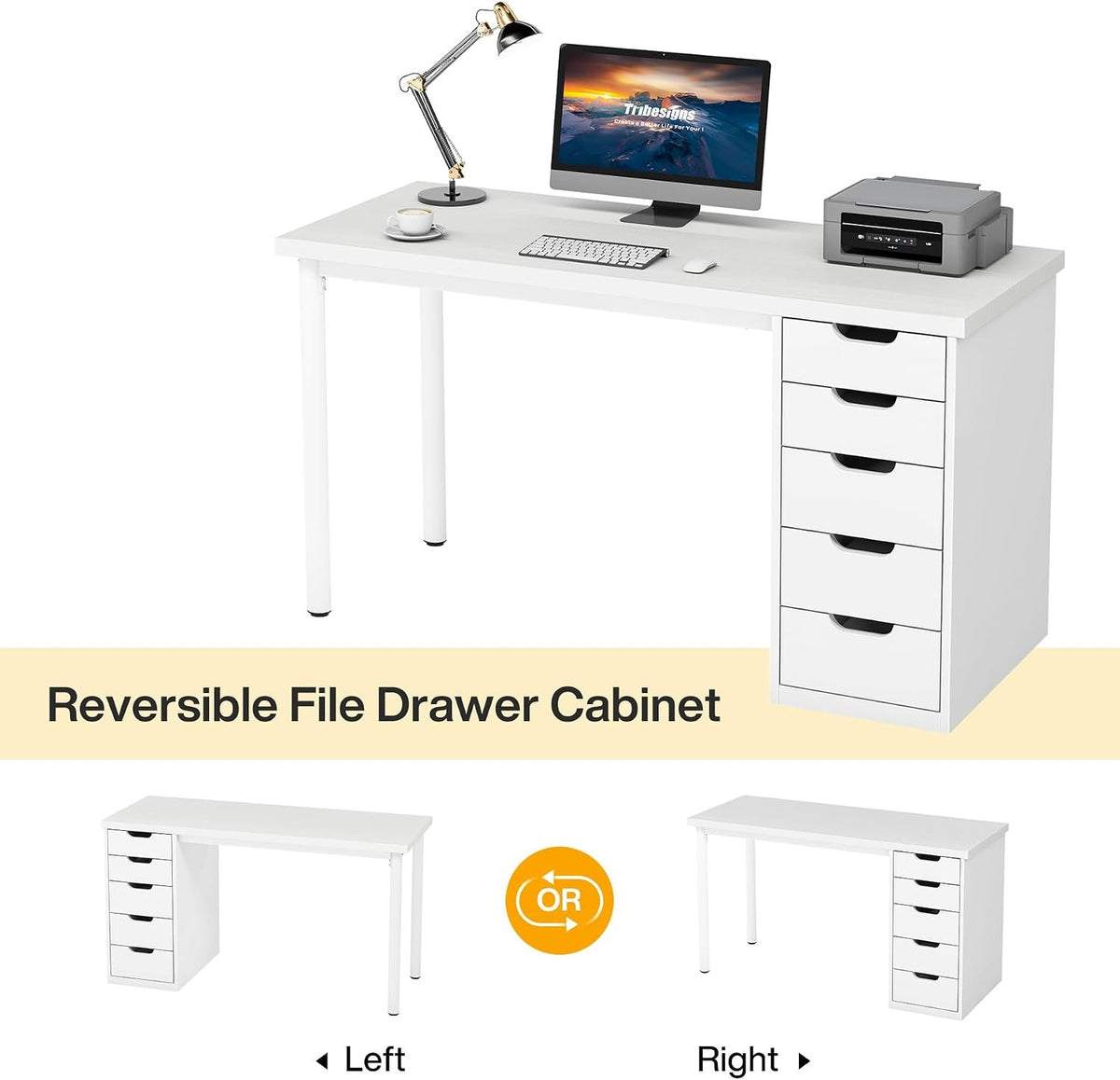 Tribesigns Bureau 120 cm avec 5 tiroirs Bureau d'ordinateur compact avec espaces de rangement