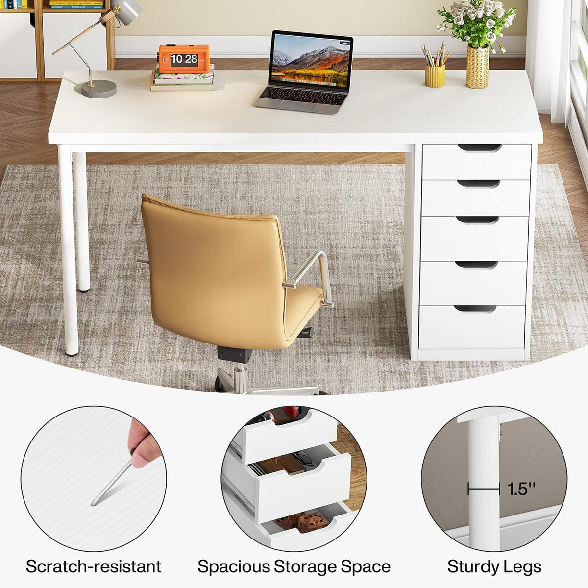 Tribesigns Bureau 120 cm avec 5 tiroirs Bureau d'ordinateur compact avec espaces de rangement