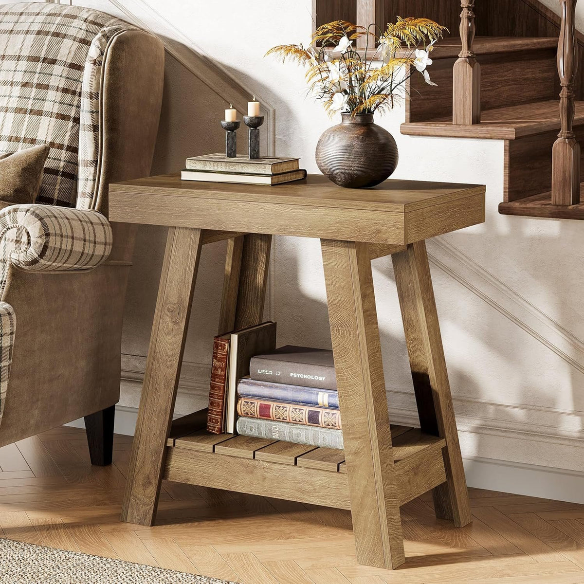 Tribesigns Table d'appoint en bois avec 2 étagères, Table d'appoint étroite style maison de campagne, table de chevet et bout de canapé