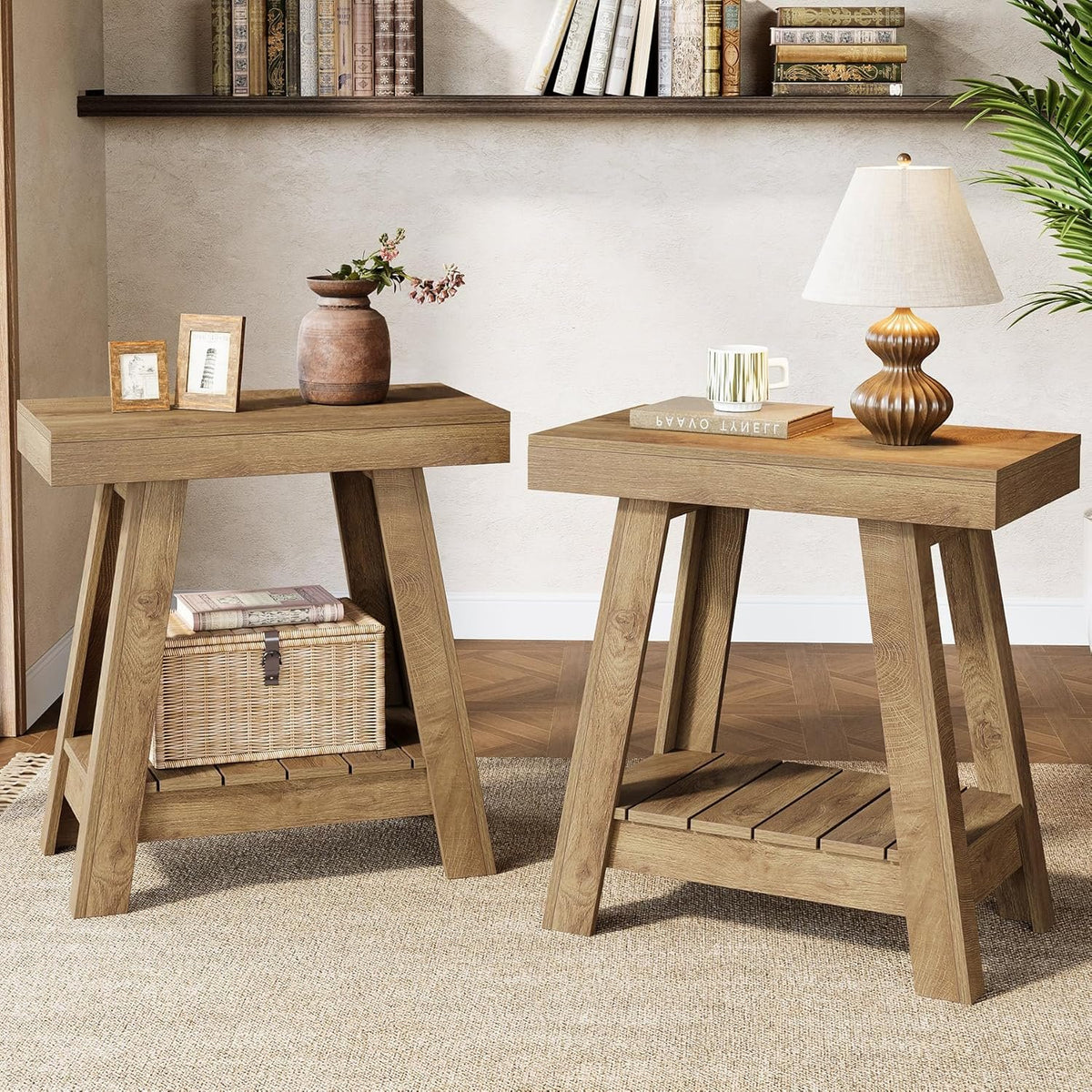 Tribesigns Table d'appoint en bois avec 2 étagères, Table d'appoint étroite style maison de campagne, table de chevet et bout de canapé