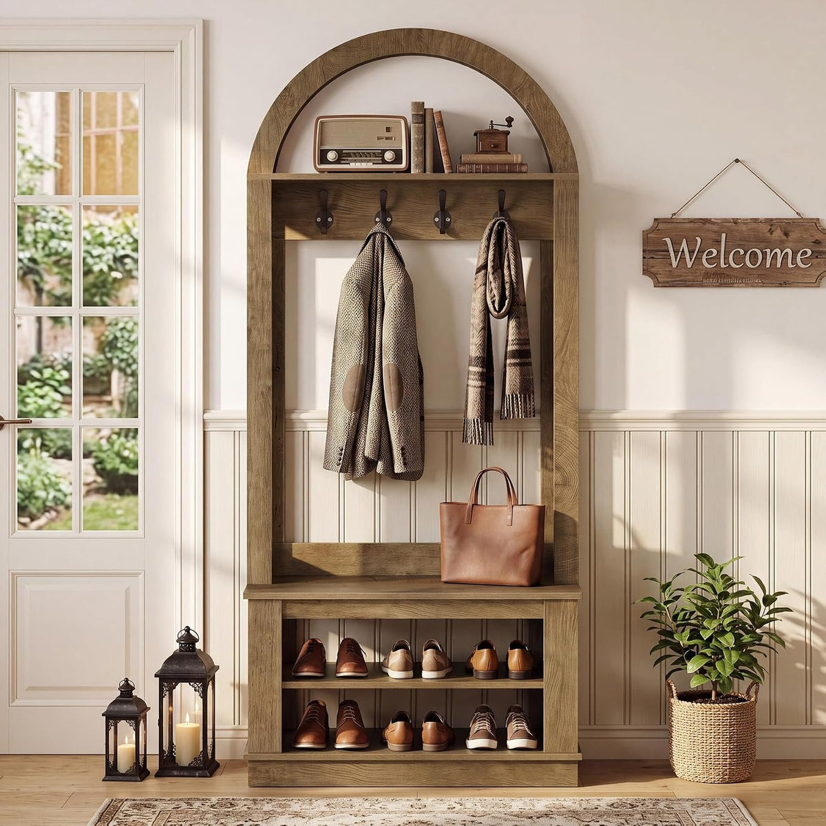 Tribesigns Meuble d'entrée avec banc porte-chaussures et 12 patères (80 x 35 x 180 cm) Design style maison de campagne avec finition texturée