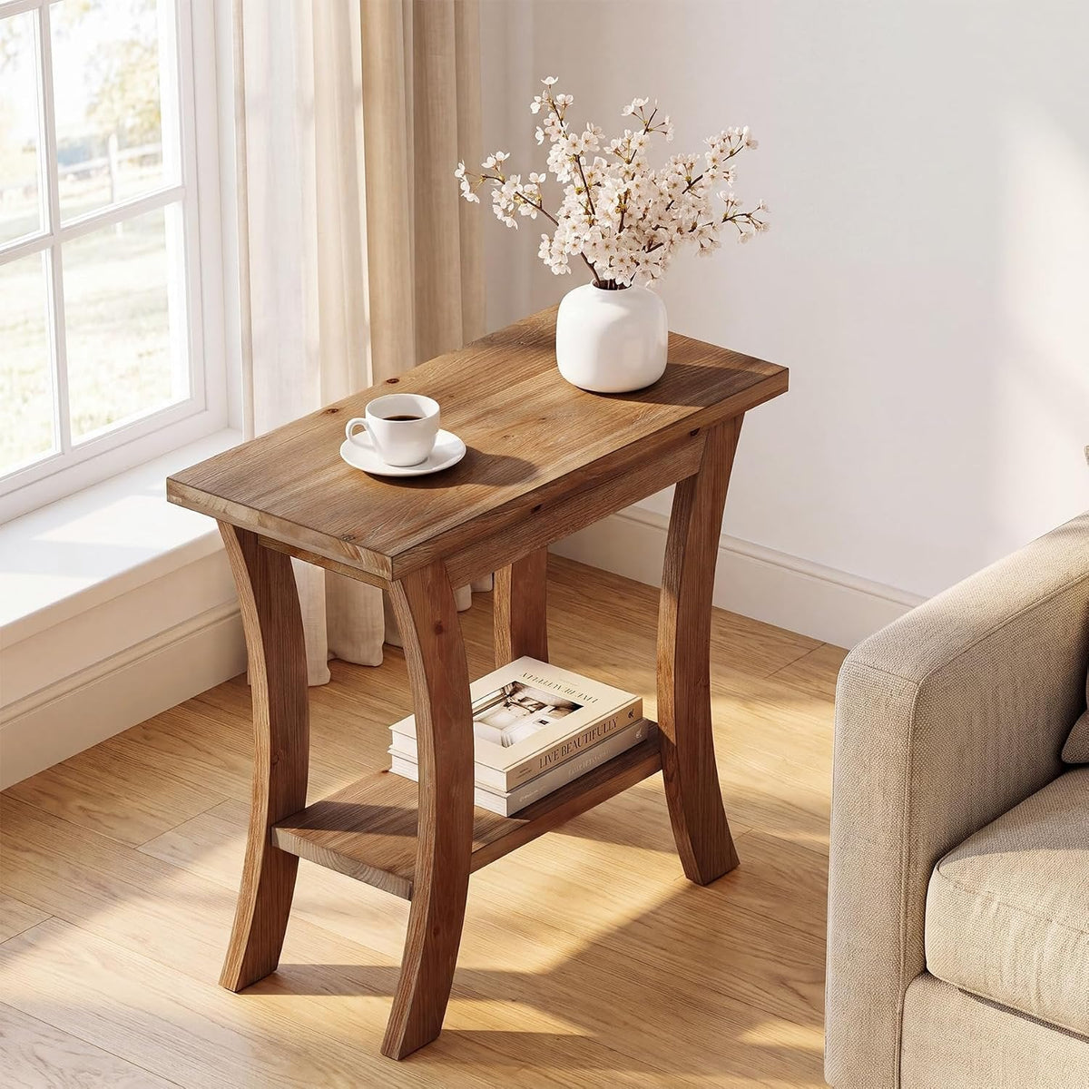 Tribesigns Table d'appoint en bois massif avec étagère, Table de canapé étroite de style champêtre