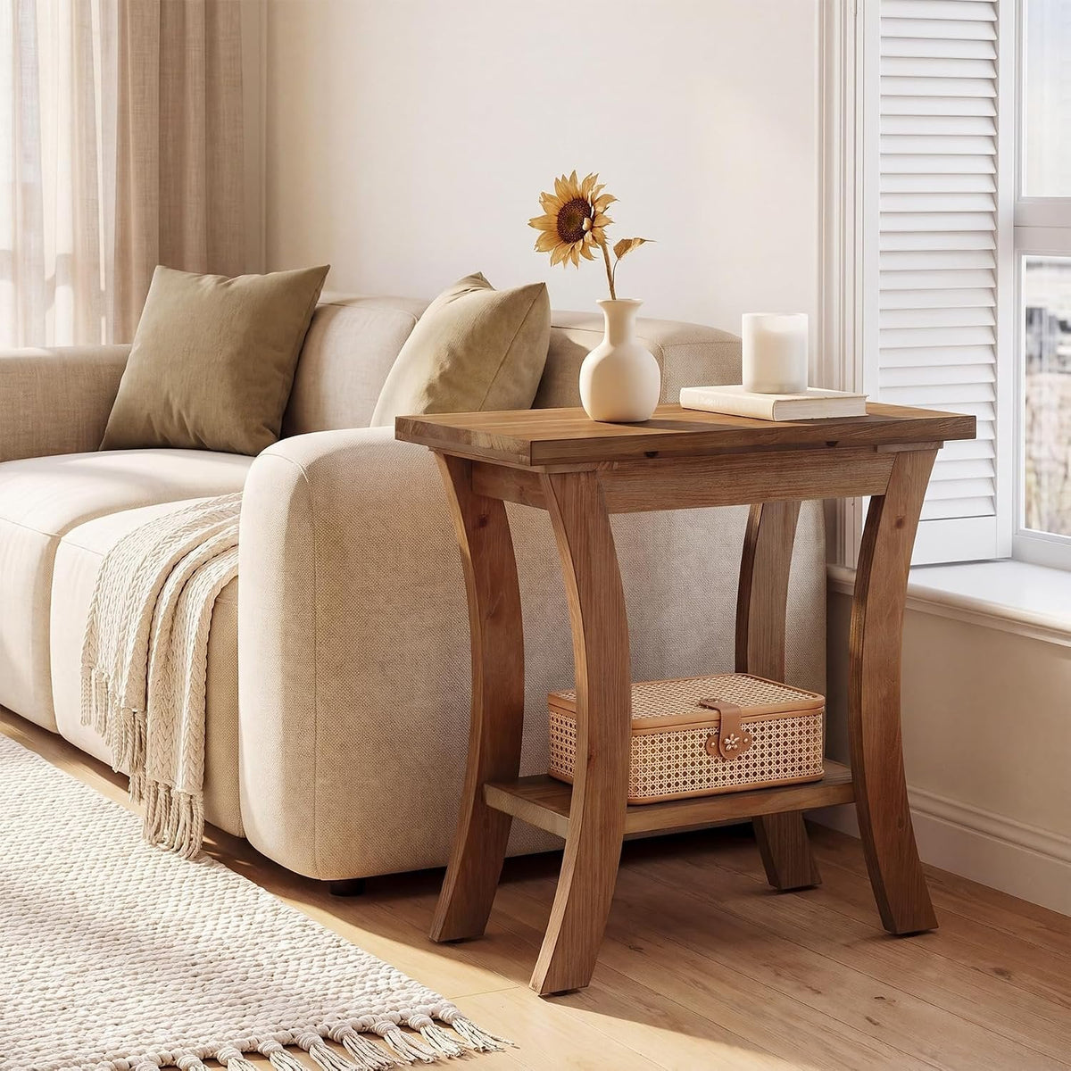 Tribesigns Table d'appoint en bois massif avec étagère, Table de canapé étroite de style champêtre