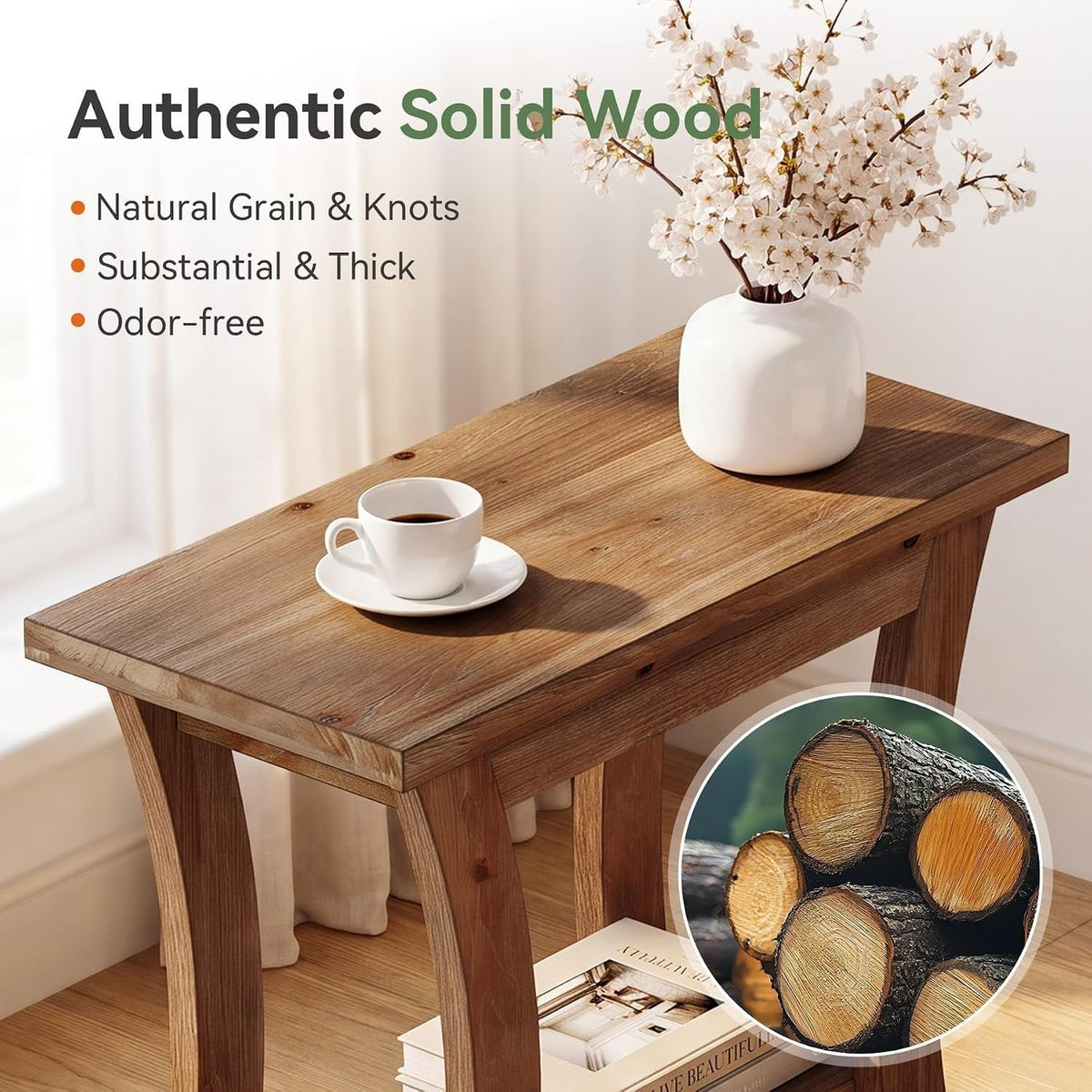 Tribesigns Table d'appoint en bois massif avec étagère, Table de canapé étroite de style champêtre