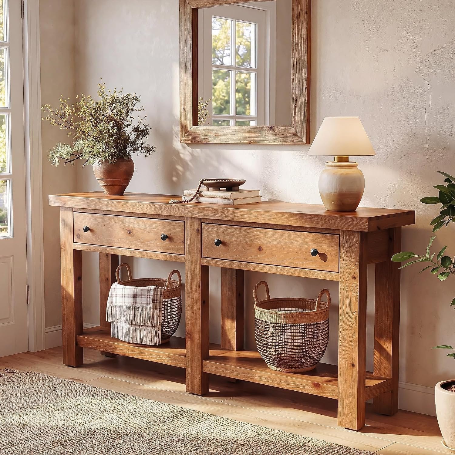 Console en bois massif 160 cm de long avec deux tiroirs, Table d'appoint étroite avec étagère, style campagnard
