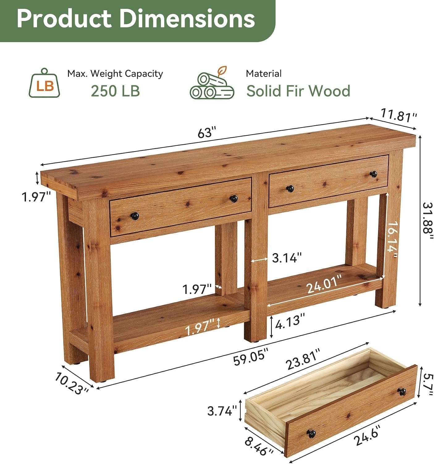 Console en bois massif 160 cm de long avec deux tiroirs, Table d'appoint étroite avec étagère, style campagnard