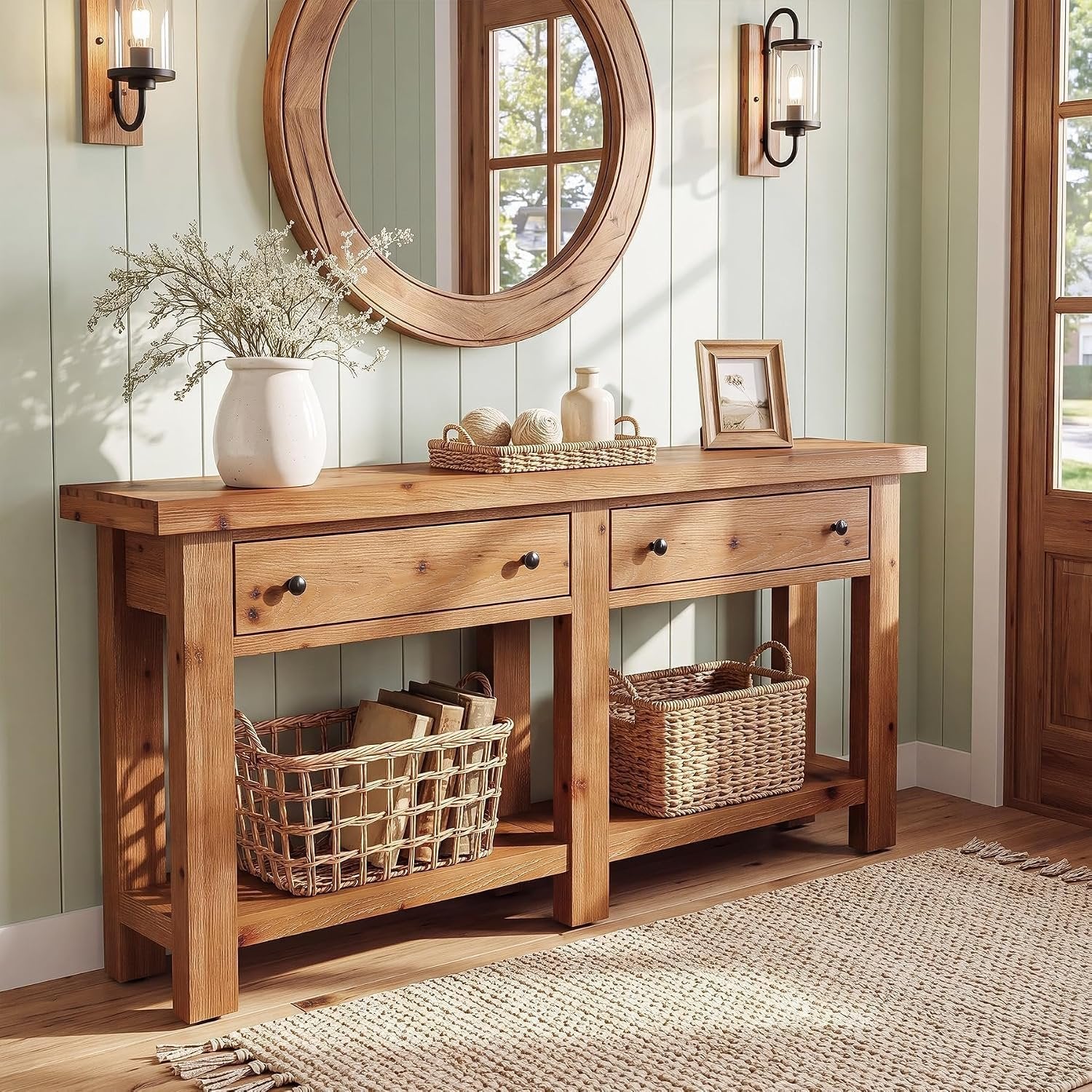Console en bois massif 160 cm de long avec deux tiroirs, Table d'appoint étroite avec étagère, style campagnard