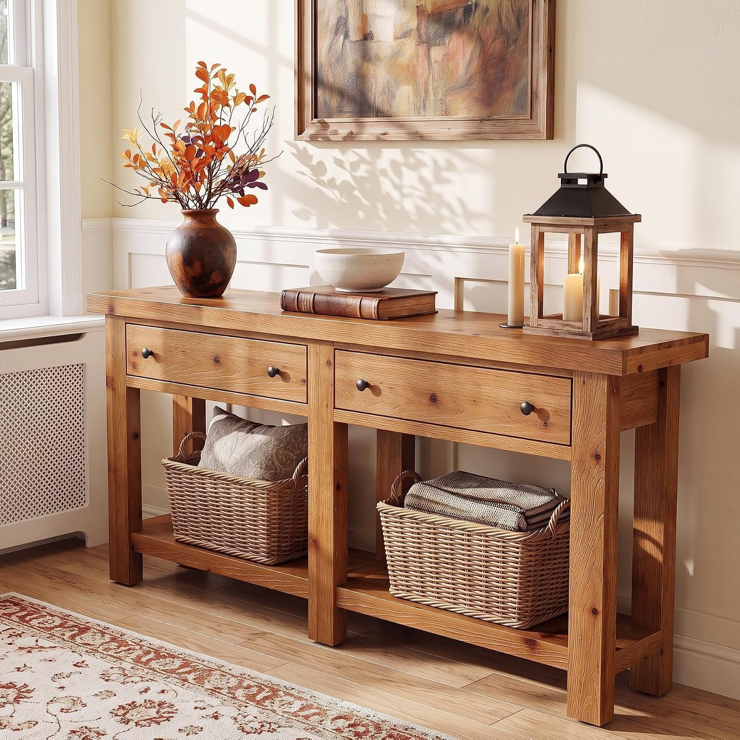 Console en bois massif 160 cm de long avec deux tiroirs, Table d'appoint étroite avec étagère, style campagnard