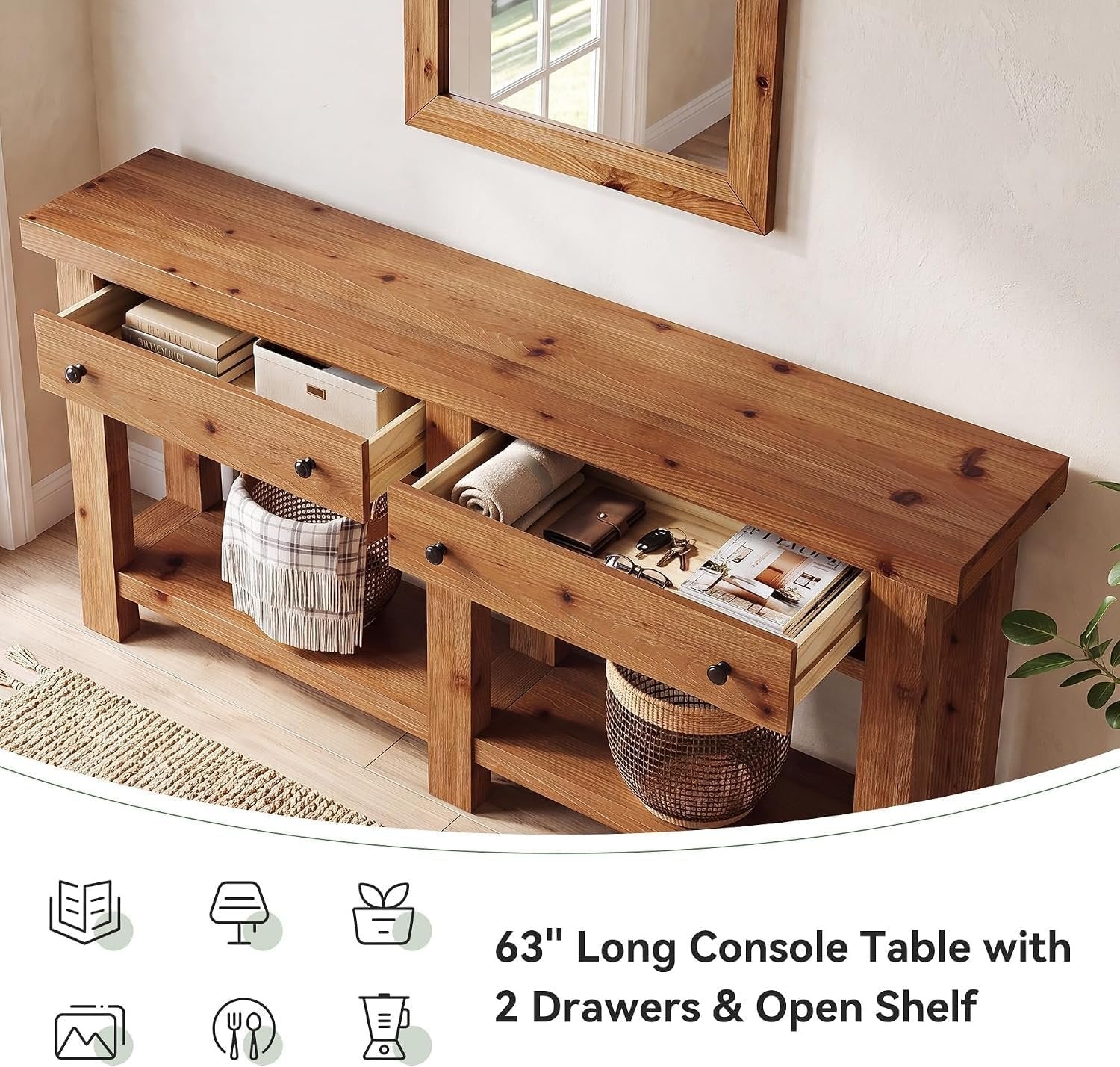 Console en bois massif 160 cm de long avec deux tiroirs, Table d'appoint étroite avec étagère, style campagnard