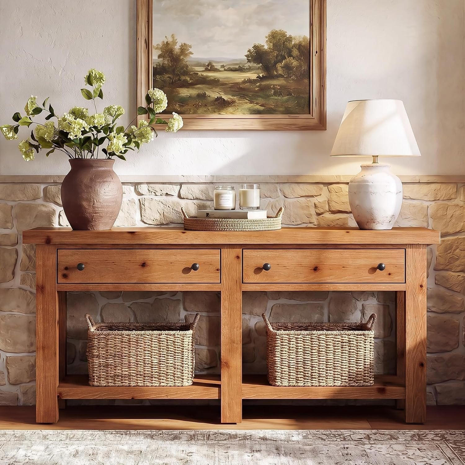 Console en bois massif 160 cm de long avec deux tiroirs, Table d'appoint étroite avec étagère, style campagnard