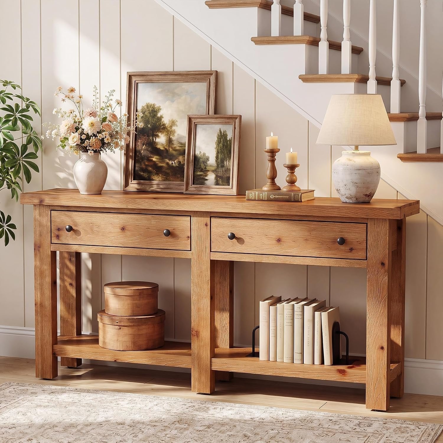 Console en bois massif 160 cm de long avec deux tiroirs, Table d'appoint étroite avec étagère, style campagnard