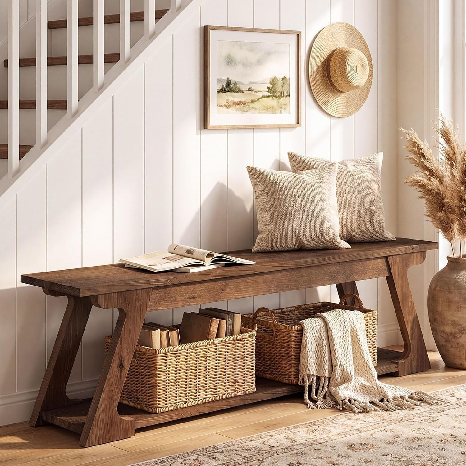 Banc d'entrée en bois massif de 150 cm de long avec compartiment de rangement, Long banc de style campagnard pour l'intérieur