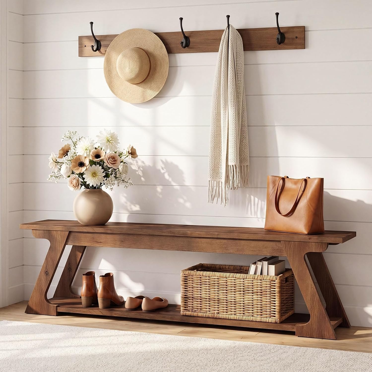 Banc d'entrée en bois massif de 150 cm de long avec compartiment de rangement, Long banc de style campagnard pour l'intérieur