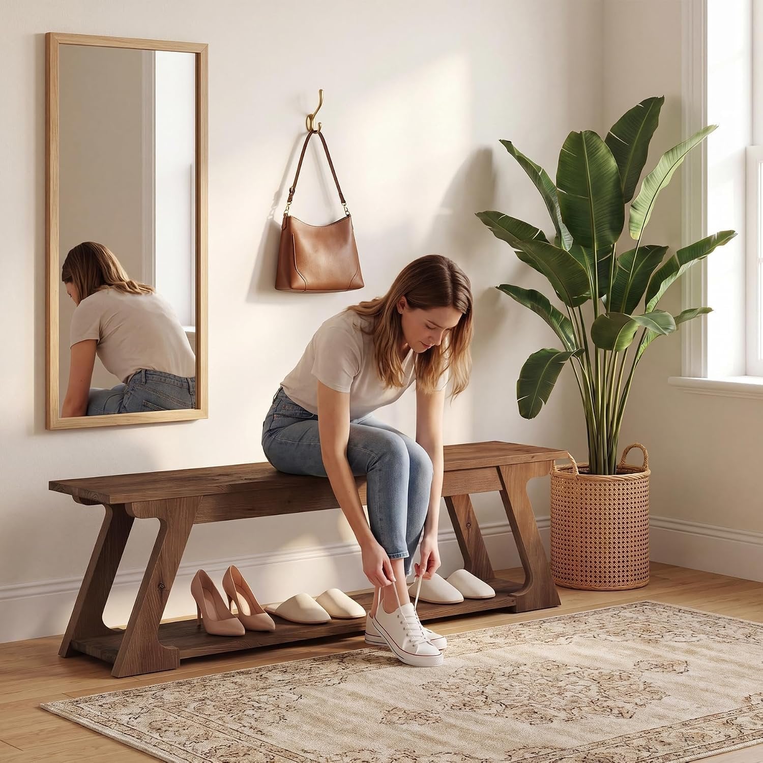 Banc d'entrée en bois massif de 150 cm de long avec compartiment de rangement, Long banc de style campagnard pour l'intérieur