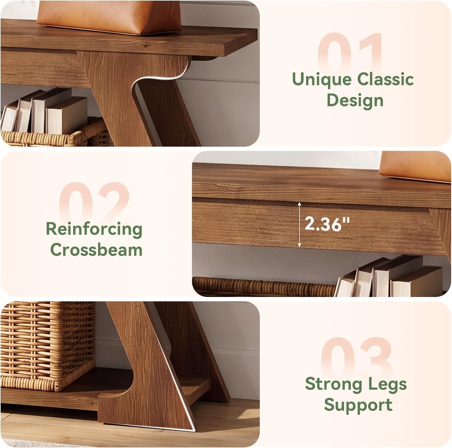 Banc d'entrée en bois massif de 150 cm de long avec compartiment de rangement, Long banc de style campagnard pour l'intérieur