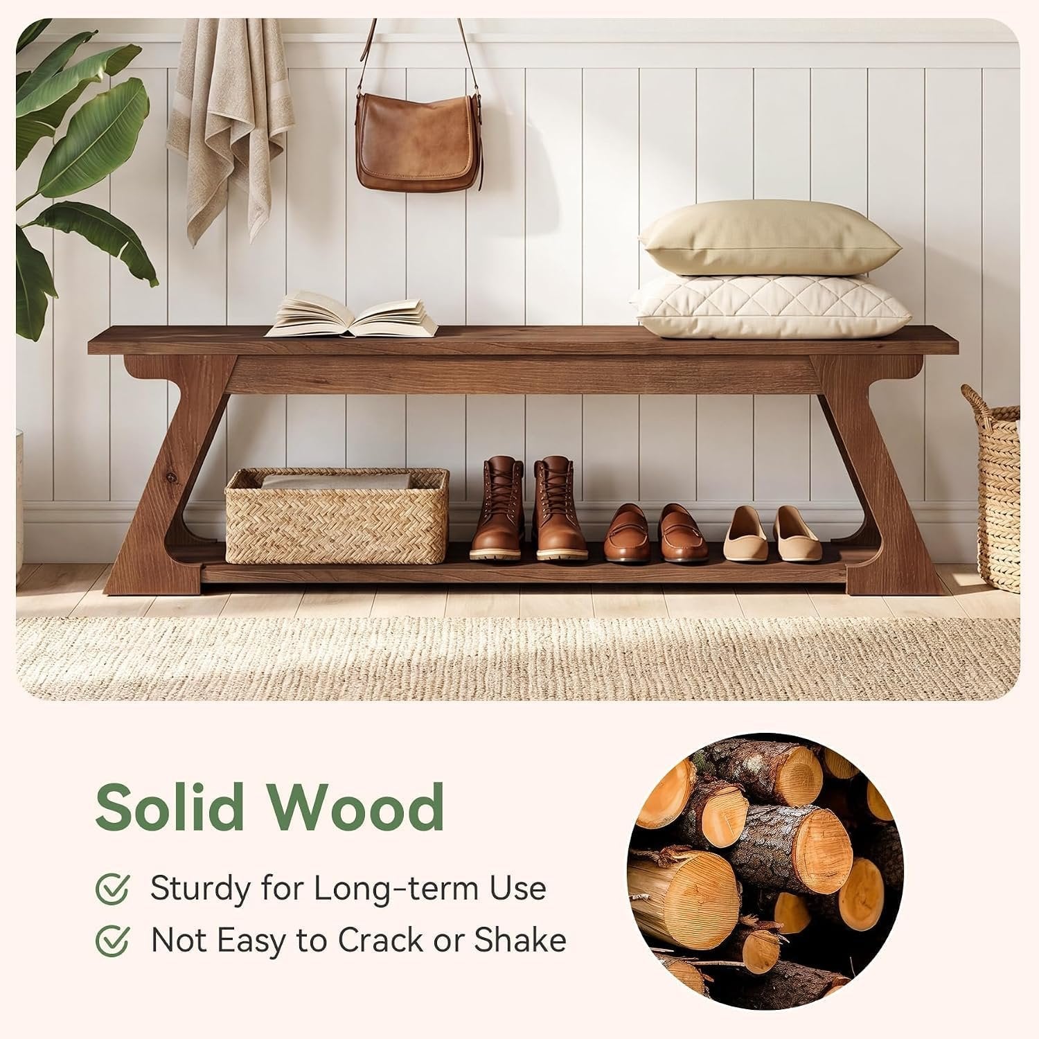 Banc d'entrée en bois massif de 150 cm de long avec compartiment de rangement, Long banc de style campagnard pour l'intérieur