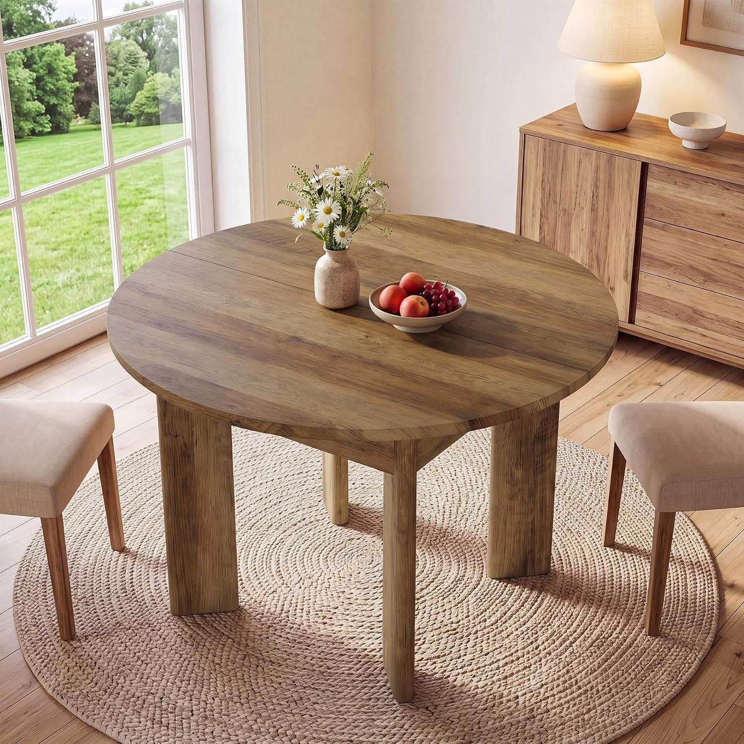 Tribesigns Table de salle à manger ronde pour 4 personnes, 100 cm, marron, Bords arrondis, pieds épais, plateau épais, table de salle à manger ronde et moderne