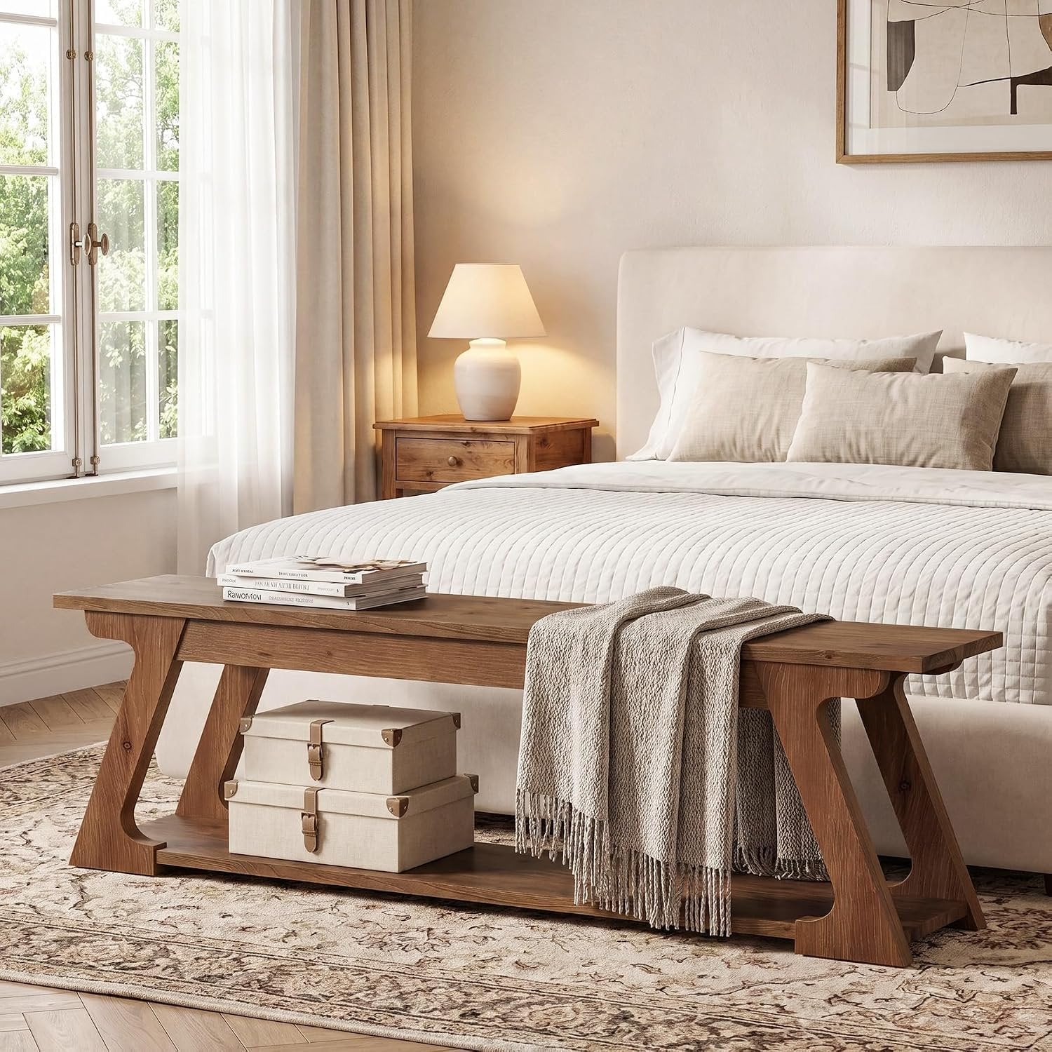 Banc de lit en bois massif de 150 cm de long avec compartiment de rangement, Long banc d'entrée en bois, banc d'intérieur rustique