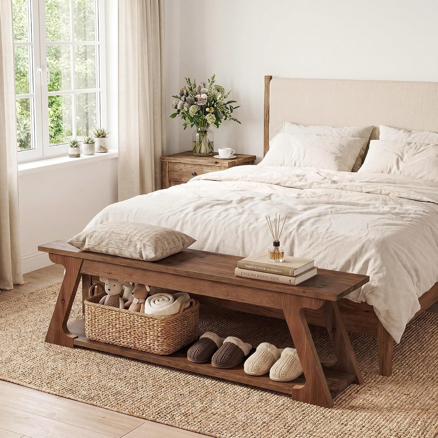 Banc de lit en bois massif de 150 cm de long avec compartiment de rangement, Long banc d'entrée en bois, banc d'intérieur rustique