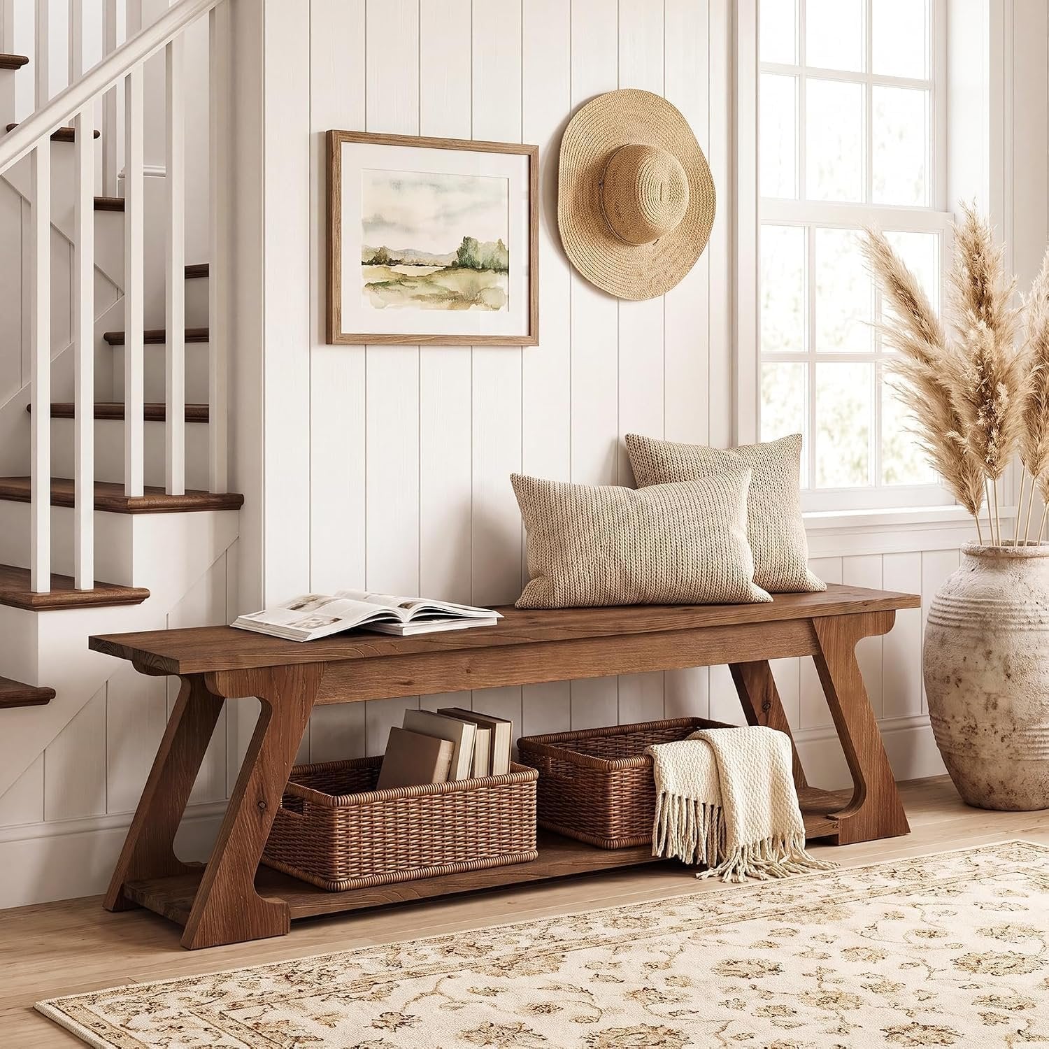 Banc de lit en bois massif de 150 cm de long avec compartiment de rangement, Long banc d'entrée en bois, banc d'intérieur rustique