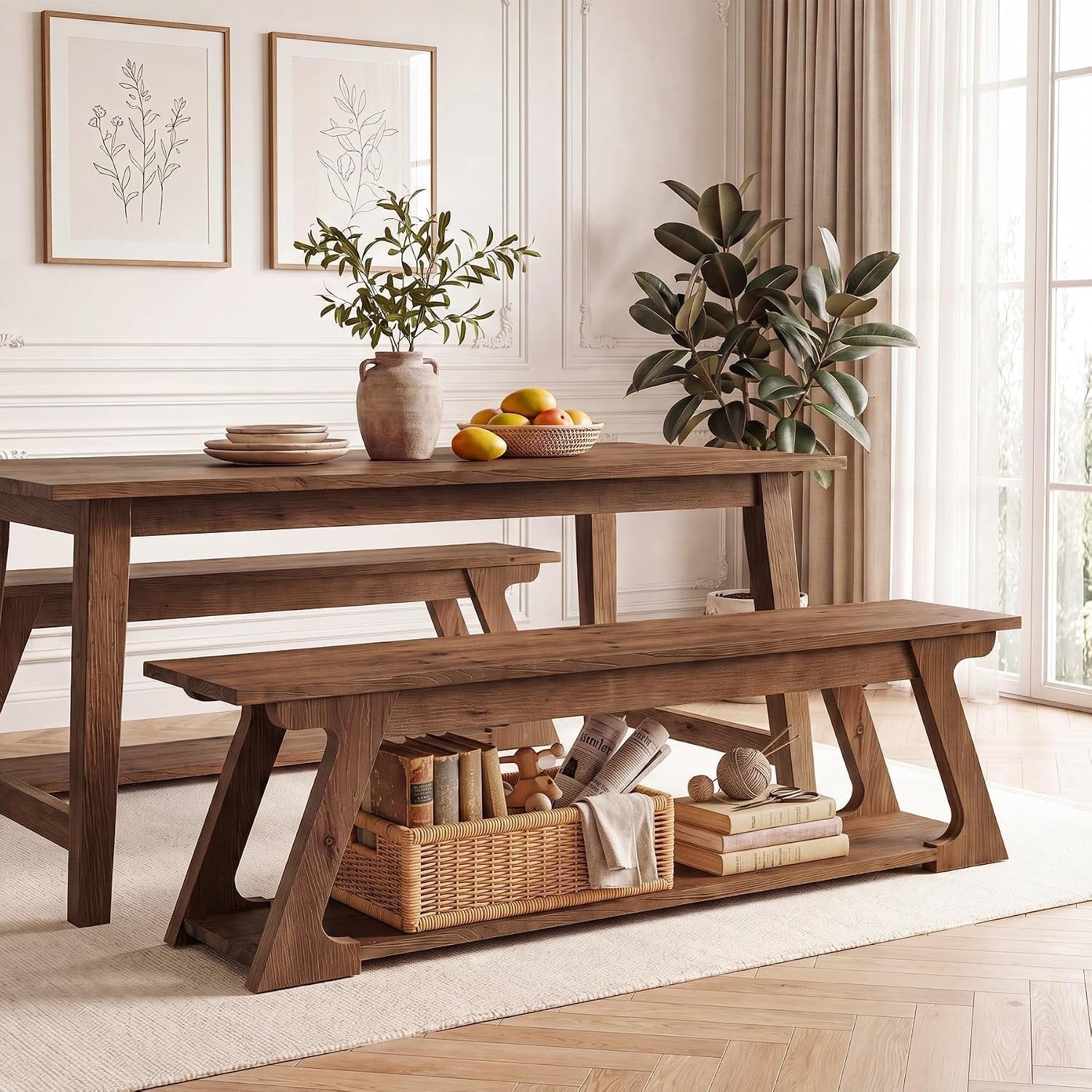 Banc de lit en bois massif de 150 cm de long avec compartiment de rangement, Long banc d'entrée en bois, banc d'intérieur rustique