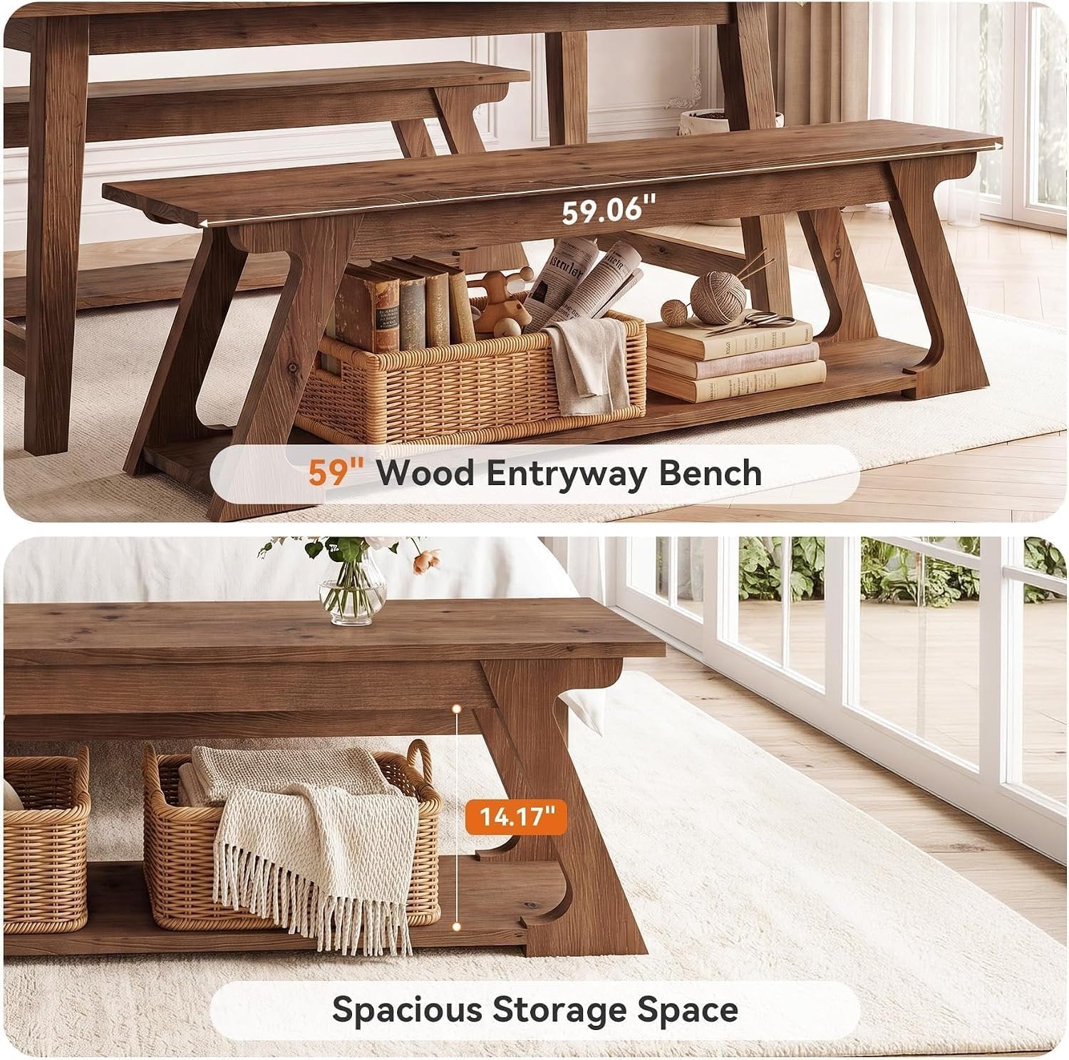 Banc de lit en bois massif de 150 cm de long avec compartiment de rangement, Long banc d'entrée en bois, banc d'intérieur rustique