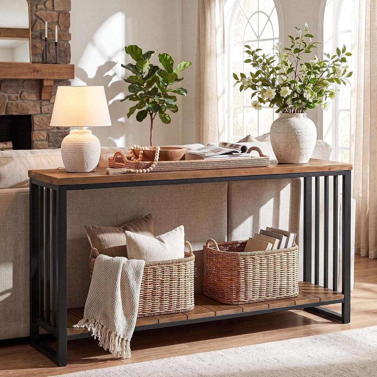 Tribesigns Table console en bois massif (140 cm), Table d'entrée étroite de style champêtre avec étagère