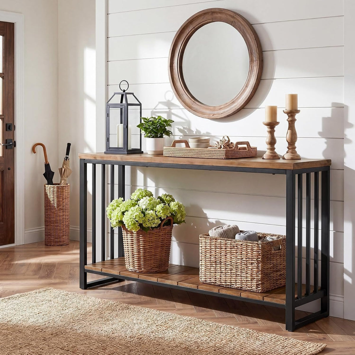 Tribesigns Table console en bois massif (140 cm), Table d'entrée étroite de style champêtre avec étagère