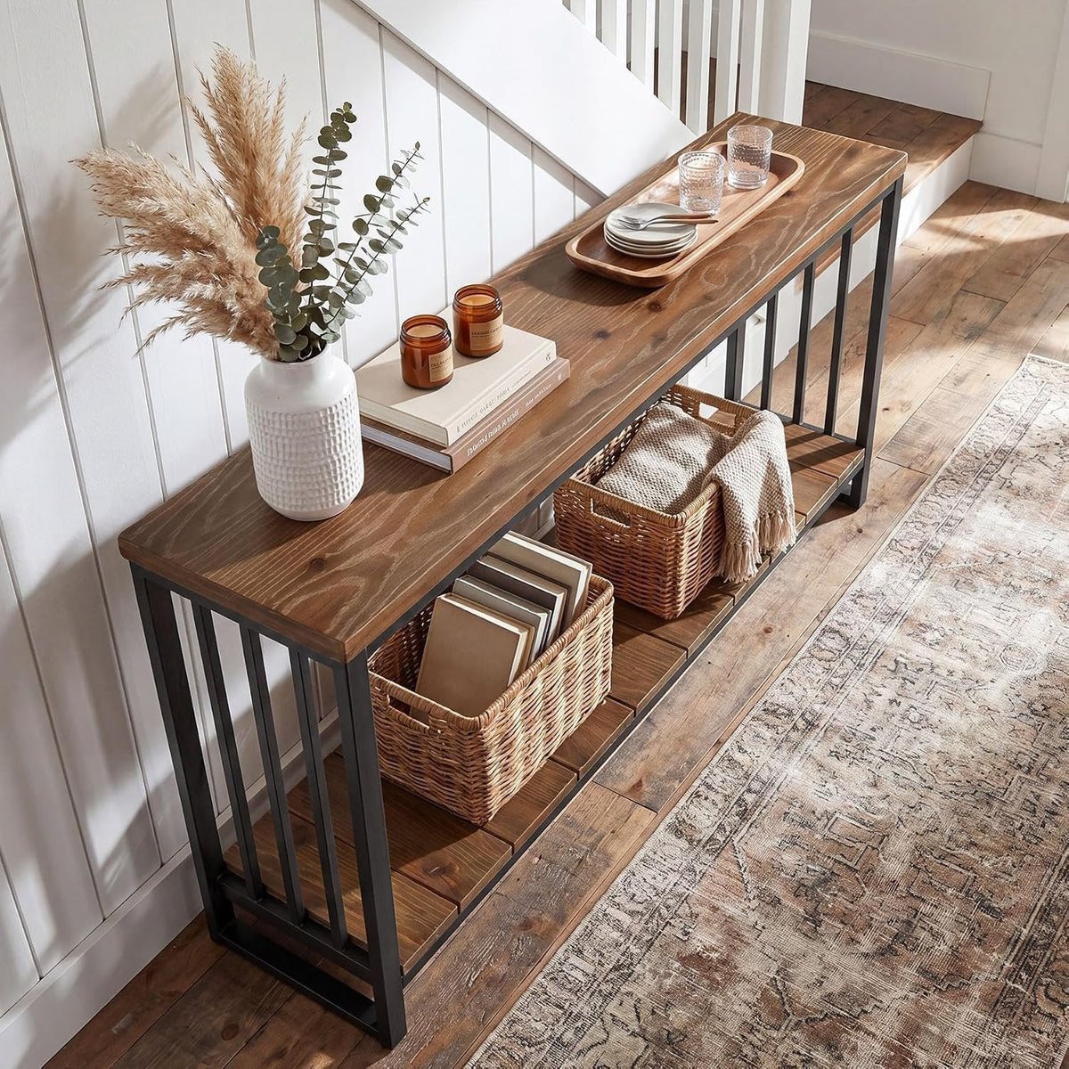 Tribesigns Table console en bois massif (140 cm), Table d'entrée étroite de style champêtre avec étagère
