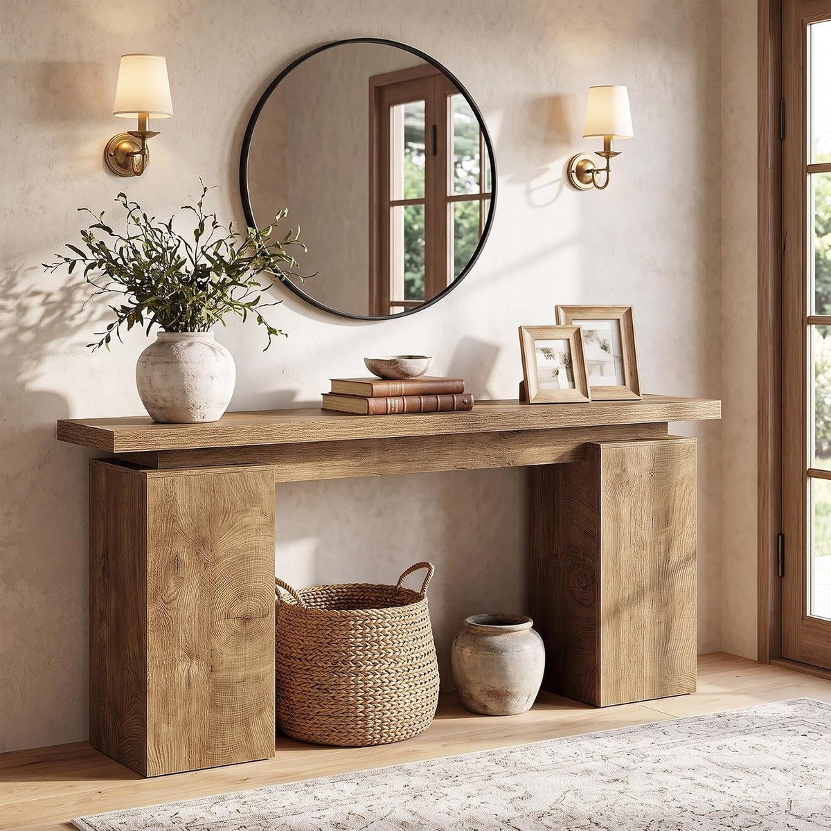 Tribesigns Console étroite avec structure géométrique, Table d'entrée effet bois
