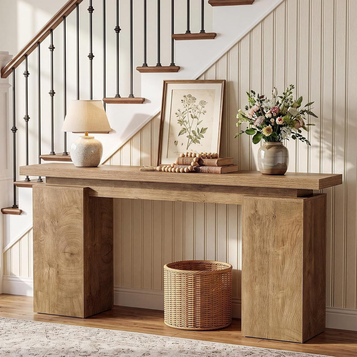 Tribesigns Console étroite avec structure géométrique, Table d'entrée effet bois