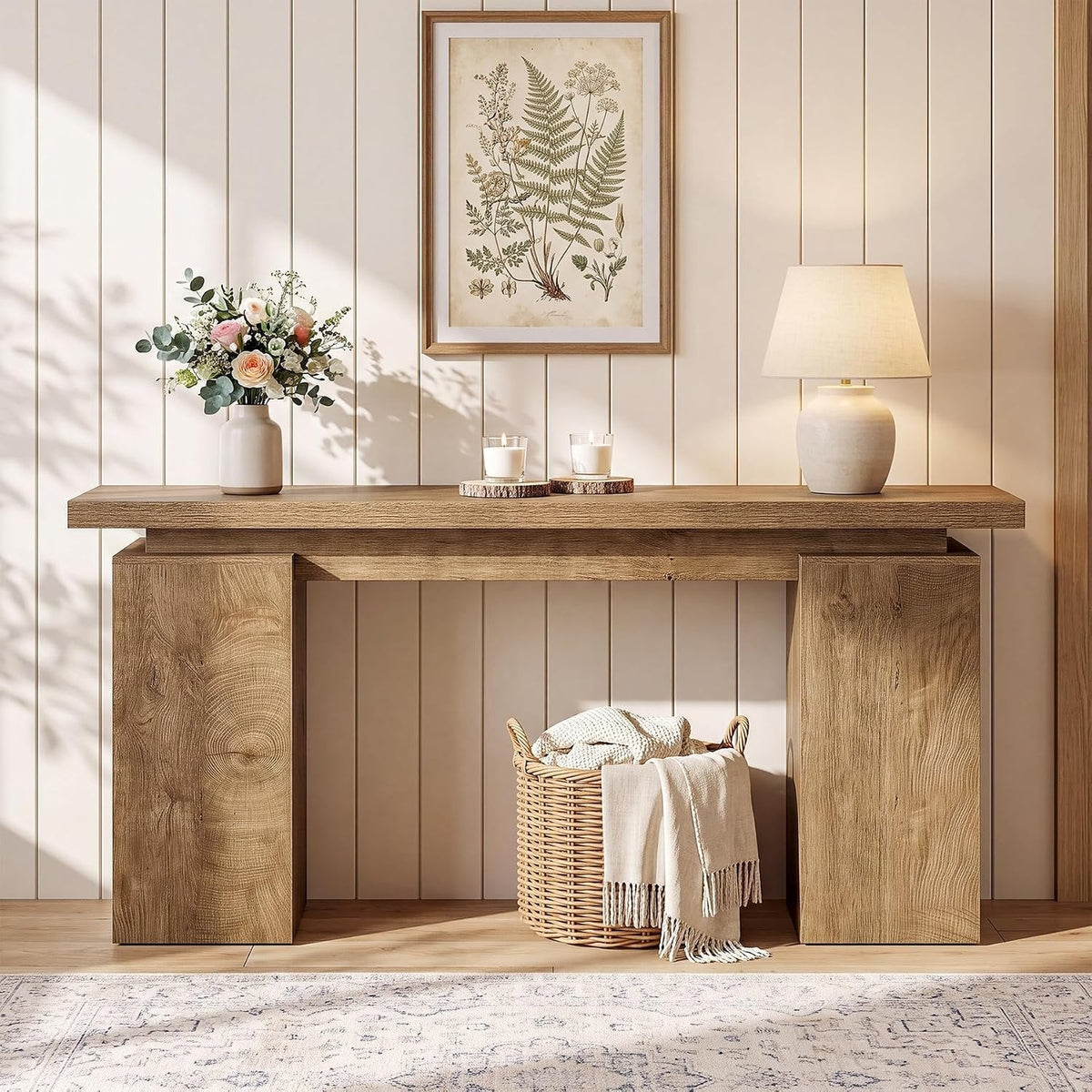Tribesigns Console étroite avec structure géométrique, Table d'entrée effet bois