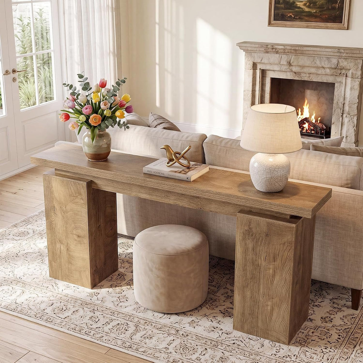 Tribesigns Console étroite avec structure géométrique, Table d'entrée effet bois