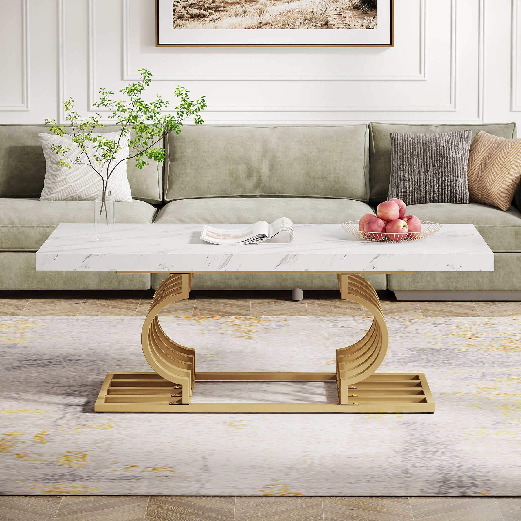 Tribesigns Table basse moderne, Faux marbre table avec piètement géométrique