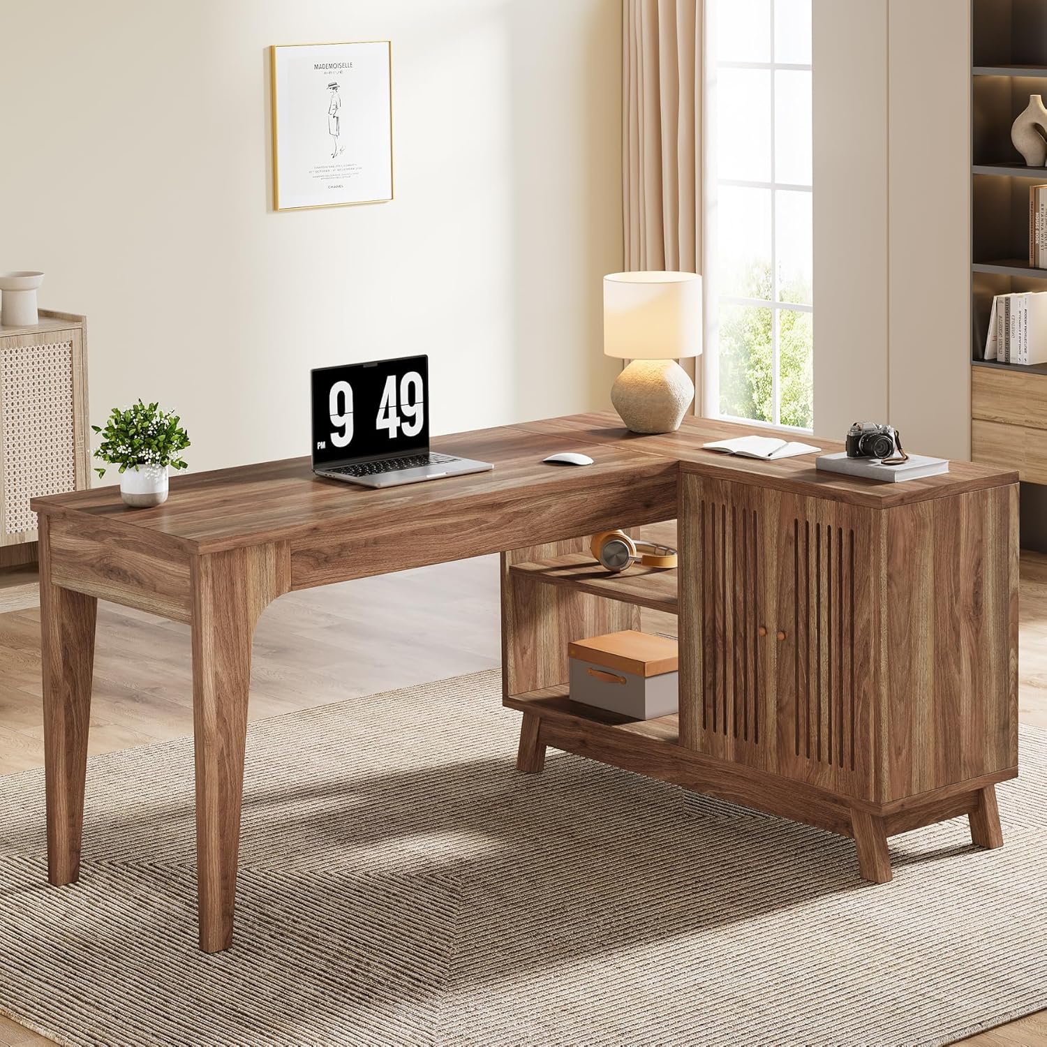 L-Form Schreibtisch - 145 cm Eckschreibtisch mit Schrank in Nussbaum